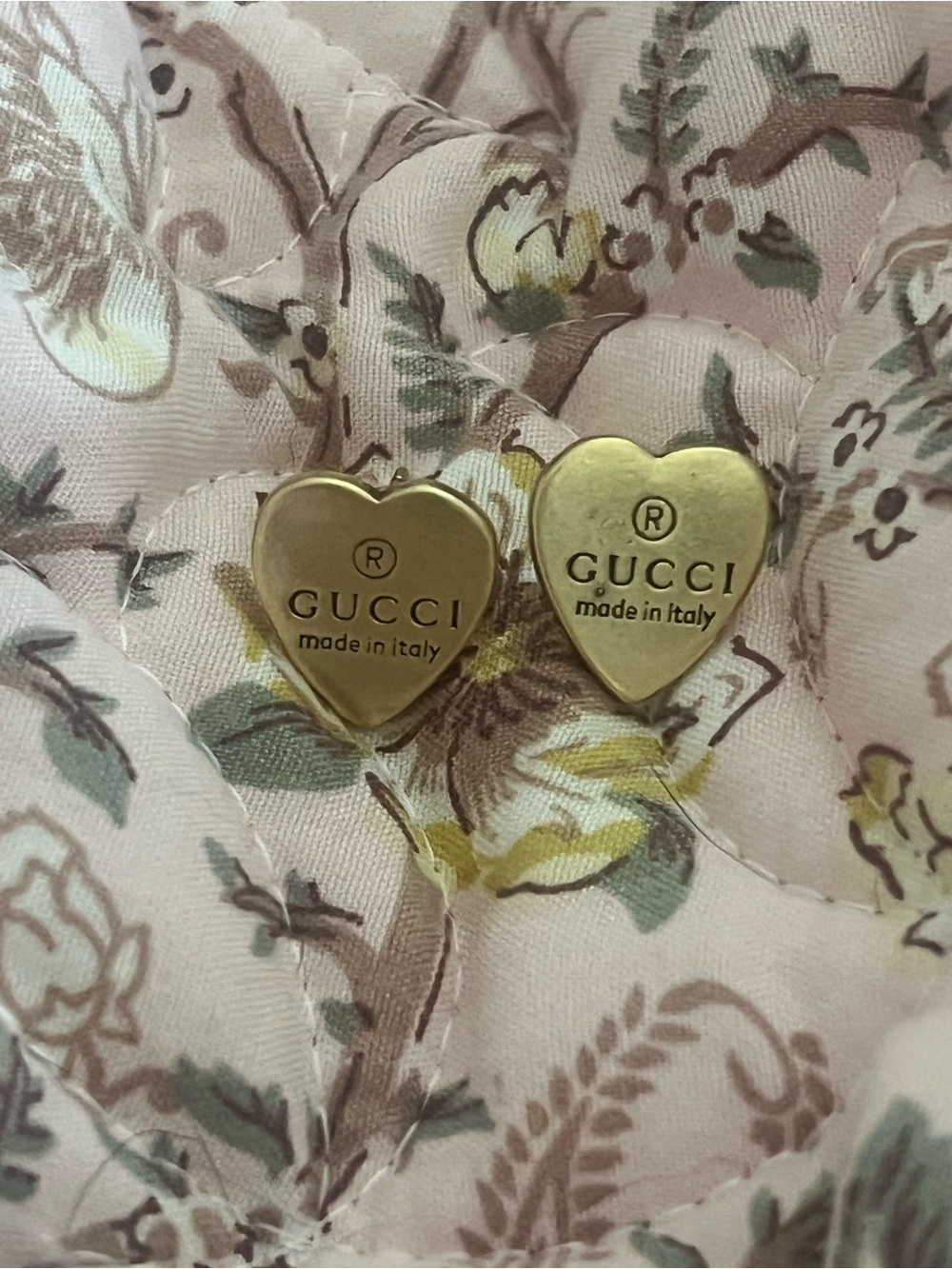 Gucci Gold Heart Logo Studs on Pale Pink Floral Fabric
